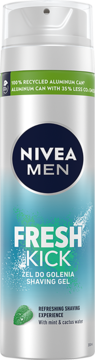 NIVEA MEN Fresh Kick Żel do golenia w srebrnej puszce z miętą i kaktusem, niebiesko-zielony wzór, widok z przodu.