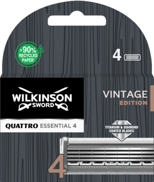 Czarne opakowanie Wilkinson Sword Quattro Essential 4 zapasowych ostrzy Vintage Edition, z detalami tytanowymi.