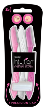 3x Wilkinson Sword Intuition Perfect Finish Eyebrow Shaper: pink and white razors with precision caps in package.