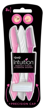 3x Wilkinson Sword Intuition Perfect Finish Eyebrow Shaper: pink and white razors with precision caps in package.