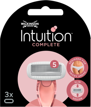 Wilkinson Sword Intuition Complete, 3 zapasowe ostrza do golenia, 5 ostrzy, opakowanie czarno-różowe, widok z przodu.