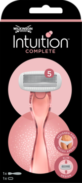 Wilkinson Intuition Complete, 5 ostrzy, różowa rączka, slim design, do trudno dostępnych miejsc, w opakowaniu.