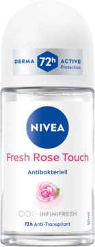NIVEA Fresh Rose Touch 72h antyperspirant DERMA, formuła INFINIFRESH, butelka roll-on, widok z przodu.