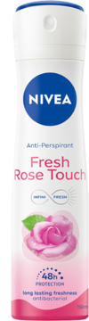 Biały antyperspirant NIVEA Fresh Rose Touch w sprayu z różą, 48h ochrona, widok z przodu.