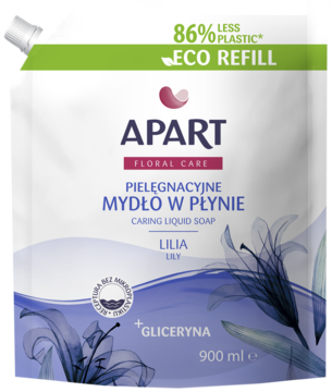 Apart Floral Care mydło w płynie Lilia z gliceryną, biało-fioletowy worek uzupełniający 900ml, widok z przodu.