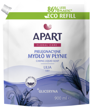 Apart Floral Care mydło w płynie Lilia z gliceryną, biało-fioletowy worek uzupełniający 900ml, widok z przodu.