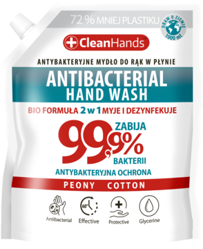 Biały płyn do mycia rąk Clean Hands w saszetce, widok z przodu. Antybakteryjny, zabija 99.9% bakterii, peonia i bawełna.