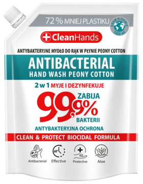 Biała saszetka CleanHands antybakteryjnego mydła Peony Cotton, widok z przodu. Zabija 99.9% bakterii, 72% mniej plastiku.