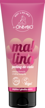 Różowy peeling OnlyBio "ma! lina" do ciała z maliną nordycką, w tubie z czarnym korkiem, widok z przodu.