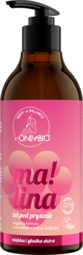 OnlyBio żel pod prysznic Malina w brązowej butelce z pompką, z różową etykietą, widok z przodu.