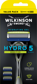 Wilkinson Sword Hydro 5 Sensitive z Hydrating Gel, rączka i 4 wkłady, na czarno-żółtym opakowaniu.