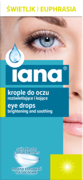Turkusowe opakowanie kropli IANA Eye Drops, rozświetlających i kojących, z okiem i kroplą wody. Widok z przodu.