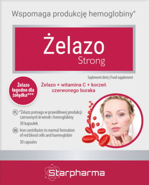 Suplement Żelazo Strong Starpharma w biało-czerwonym opakowaniu z grafiką twarzy i krwinek, widok przód.