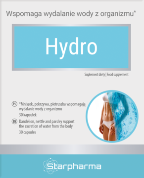 Suplement Hydro Starpharma, błękitne opakowanie 30 kapsułek z mniszkiem, wspiera wydalanie wody.