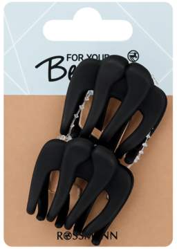 Zestaw czarnych, matowych spinek do włosów typu klamry na zawieszce For Your Beauty, widok frontalny.