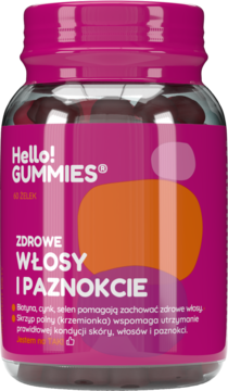 Hello!Gummies w różowo-przezroczystej butelce, 60 żelków na zdrowe włosy i paznokcie, widok z przodu.