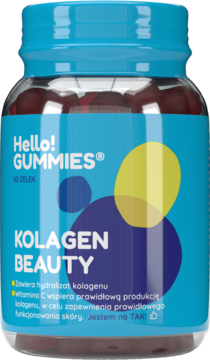 Hello!GUMMIES Kolagen Beauty 60 żelek, niebieski słoik z hydrolizatem kolagenu i witaminą C, widok z przodu.
