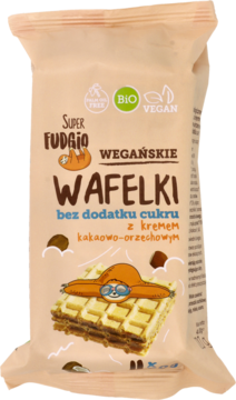 Opakowanie wegańskich wafli Super Fudgio bez dodatku cukru, z kremem kakaowo-orzechowym, z leniwcem.