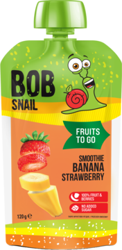 Bob Snail Smoothie Banan Truskawka 120g, zielono-pomarańczowa saszetka z kreskówkowym ślimakiem, widok z przodu.