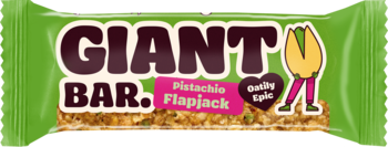 Zielony baton zbożowy Giant Bar Pistachio Flapjack, widok z przodu, z pistacjowym ludzikiem i widoczną teksturą.