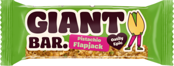 Zielony baton zbożowy Giant Bar Pistachio Flapjack, widok z przodu, z pistacjowym ludzikiem i widoczną teksturą.