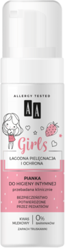 AA Girls Pianka do higieny intymnej, biała butelka z różową etykietą, truskawkowy zapach, widok z przodu.