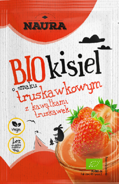 Naura BIO kisiel truskawkowy z kawałkami truskawek, w czerwonej saszetce z ilustracją owoców.
