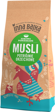 Musli Inna Bajka Potrójnie Orzechowe w brązowej torbie kraft, zielona etykieta, bez cukru, białko i błonnik.