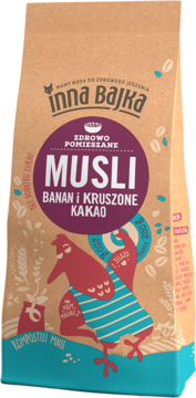 Musli Inna Bajka Banan i Kruszone Kakao w brązowej, papierowej torbie, przód, z wesołym kurczakiem, bez dodatku cukru.