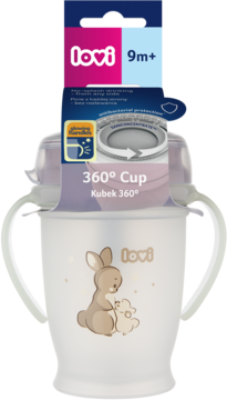 Lovi 360° kubek 9m+ z antybakteryjną ochroną, biały z uszkami i króliczkiem, przód opakowania.