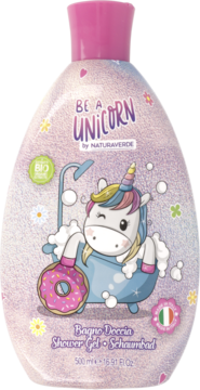 Be A Unicorn płyn do kąpieli, fioletowa butelka z różową nakrętką, z przodu grafika jednorożca w wannie, 500ml.