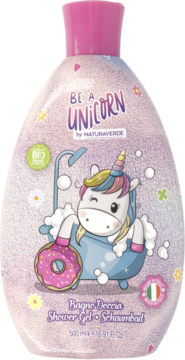 Be A Unicorn płyn do kąpieli, fioletowa butelka z różową nakrętką, z przodu grafika jednorożca w wannie, 500ml.