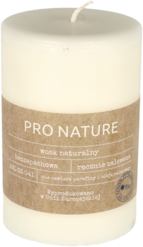 Biała cylindryczna świeca Pro Nature z naturalnego wosku, bezzapachowa, bez parafiny i oleju palmowego.