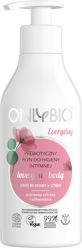 OnlyBio Everyday prebiotyczny płyn do higieny intymnej w białej butelce z pompką, widok z przodu, różowy wzór.