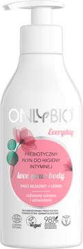ONLYBIO Everyday Prebiotyczny Płyn do Higieny Intymnej w białej butelce z pompką, widok z przodu.