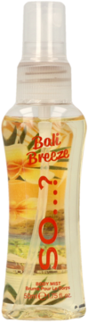 So...? Escapes Bali Breeze, mgiełka do ciała w przezroczystej butelce z tropikalną grafiką i czerwonym logo, widok z przodu.