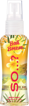 Biała butelka So...? Bali Breeze Body Mist z żółtymi kwiatami i tropikalnym widokiem plaży, przód.