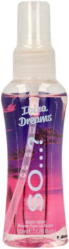 So...? Ibiza Dreams mgiełka do ciała, różowa ciecz w butelce z motywem palm i zachodu słońca, widok z przodu.