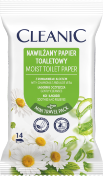 Cleanic nawilżany papier toaletowy, mini travel pack z rumiankiem i aloesem, biało-zielone opakowanie, widok z przodu.
