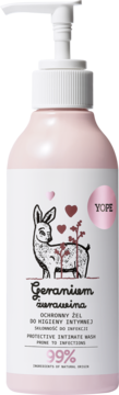 Różowa butelka Yope Protective Intimate Wash Geranium Żurawina z pompką, widok z przodu.