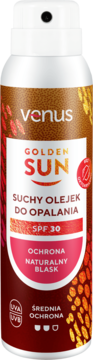 Venus Golden Sun suchy olejek do opalania SPF 30, biało-brązowy spray chroniący skórę, widok z przodu.