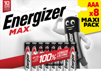 Energizer MAX AAA 8-pak baterii, na białym opakowaniu z muskularną maskotką i obietnicą 10 lat trwałości.