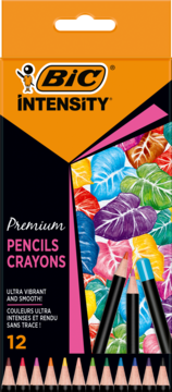 Opakowanie 12 kredek BIC Intensity Premium Pencils Crayons, ultra żywe kolory, czarne korpusy, widok z przodu.