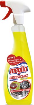 Żółty spray Meglio Odtłuszczacz Uniwersalny, widok z przodu. Etykieta reklamuje skuteczność przeciw tłuszczowi i połysk.