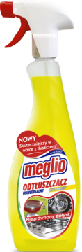 Żółty spray Meglio Odtłuszczacz Uniwersalny, widok z przodu. Etykieta reklamuje skuteczność przeciw tłuszczowi i połysk.