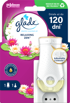 Glade Electric Scented Oil Relaxing Zen: wtykowy odświeżacz 120 dni w opakowaniu, z białym dyfuzorem.