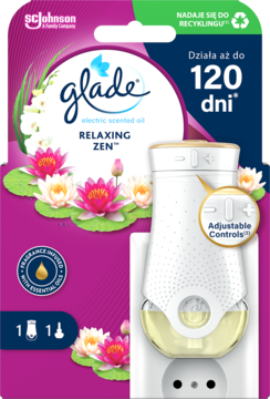 Glade Electric Scented Oil Relaxing Zen: wtykowy odświeżacz 120 dni w opakowaniu, z białym dyfuzorem.