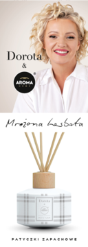Patyczki zapachowe Dorota & Aroma Home, mrożona herbata. Biały dyfuzor w szarą kratę z drewnianymi patyczkami.