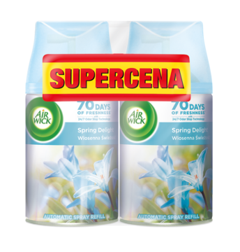 Dwie puszki Air Wick Freshmatic Wiosenna Świeżość, 70 dni, kwiatowy zapach, białe, z naklejką SUPER CENA.