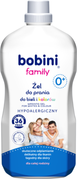 Biała butelka hipoalergicznego żelu Bobini Family do prania 0+ z przodu, z etykietą przedstawiającą rodzinę.